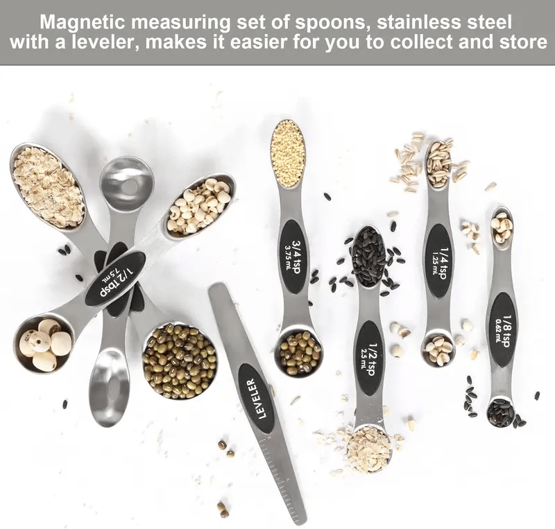 🎄Christmas Sale 49% OFF - Stainless Steel Magnetic Spoons 9 Set with Leveler for Baking, Stackable Metallic Spice  Kitchen Utensils and Gadgets Measure Cups Measuring