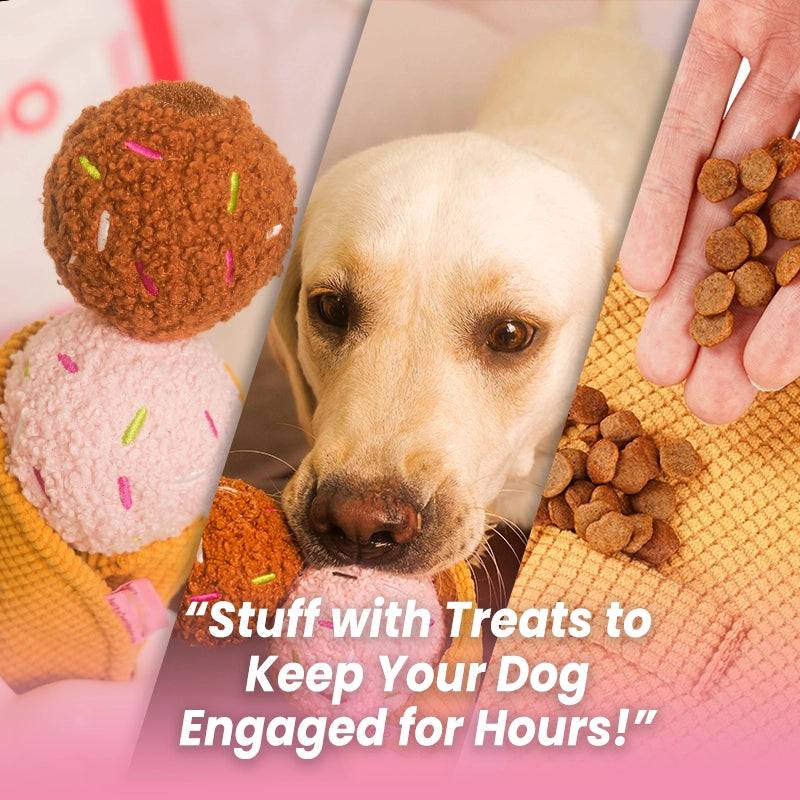 Ice Cream Plush Dog Toy – Chew, Squeaky & Treat Hiding Interactive Toy