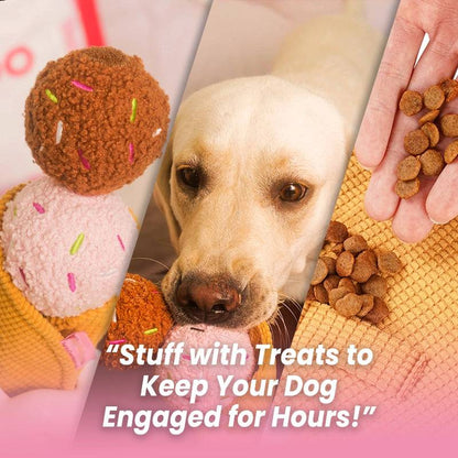 Ice Cream Plush Dog Toy – Chew, Squeaky & Treat Hiding Interactive Toy