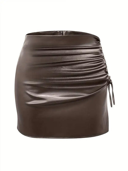 Solid Color Drawstring Tie Split High-Waist A-Line Bodycon PU Leather Mini Skirt