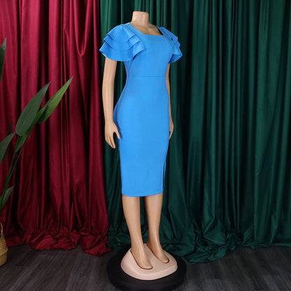 Square Neck Ruffled Short-Sleeve Bodycon Dress