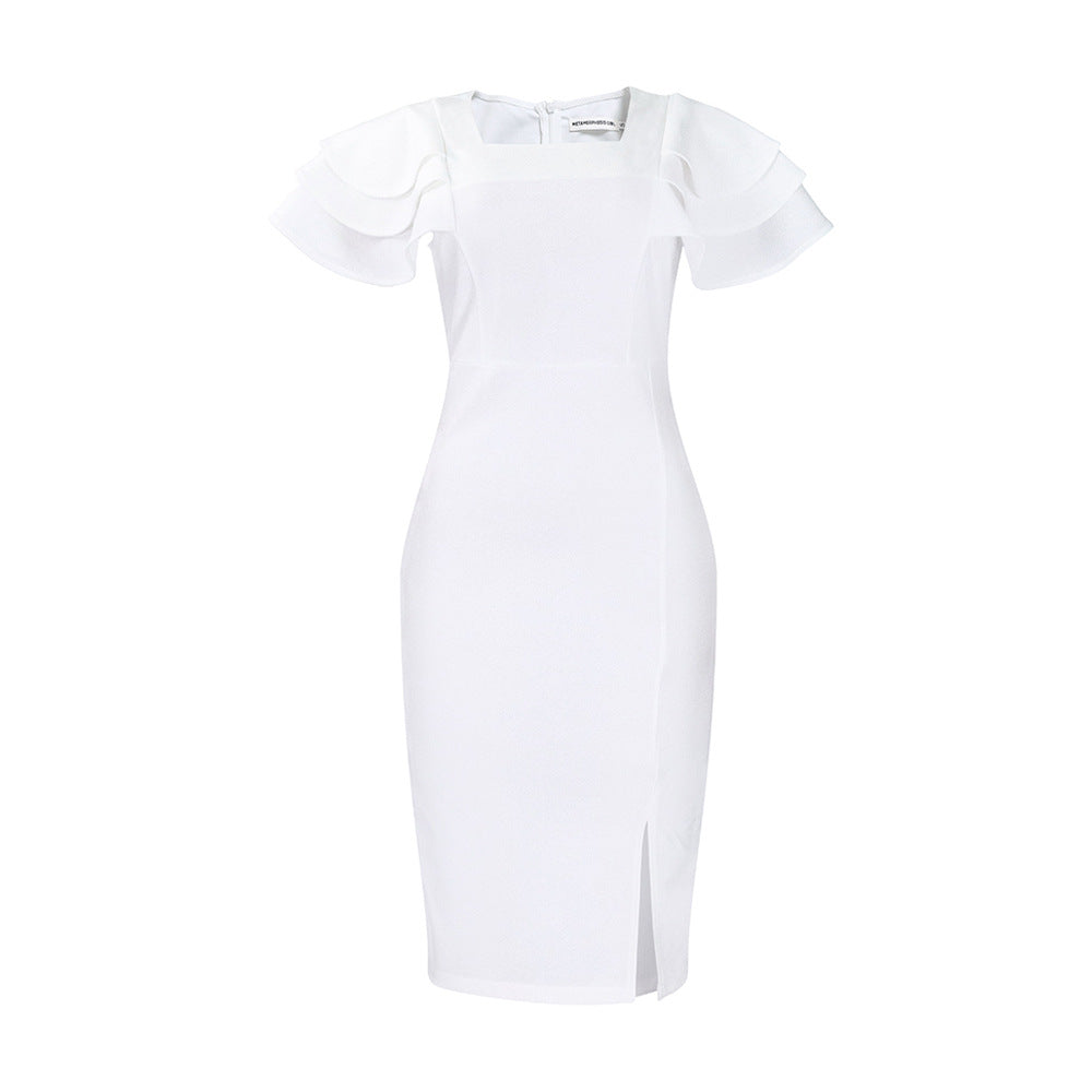 Square Neck Ruffled Short-Sleeve Bodycon Dress