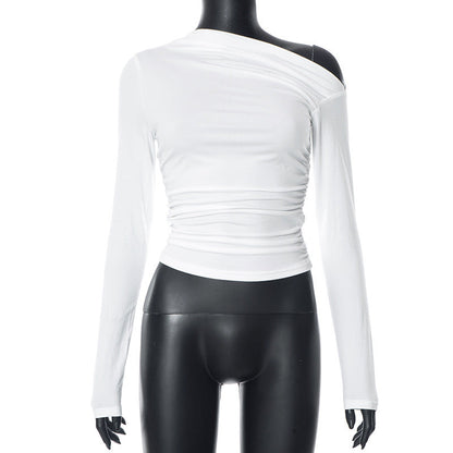 New INS Solid Color Asymmetrical Shoulder Long Sleeve Ruched Crop Top T-Shirt