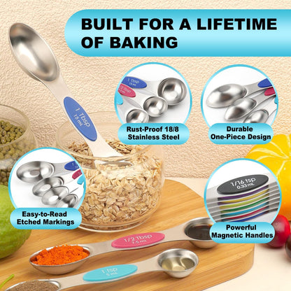 🎄Christmas Sale 49% OFF - Stainless Steel Magnetic Spoons 9 Set with Leveler for Baking, Stackable Metallic Spice  Kitchen Utensils and Gadgets Measure Cups Measuring